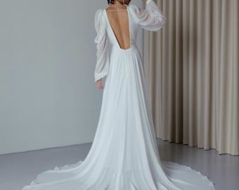 Open back long sleeve V neck wedding dress Modern chiffon wedding dress Simple Boho A line wedding dress Beach summer wedding dress SOPHIE