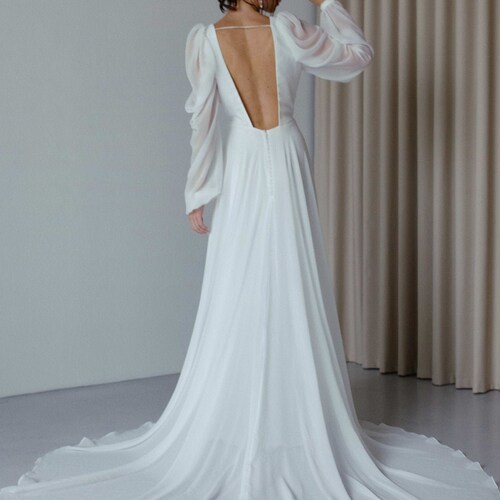 A Line Long Sleeve Wedding Dress Chiffon Plunging V Neck - Etsy