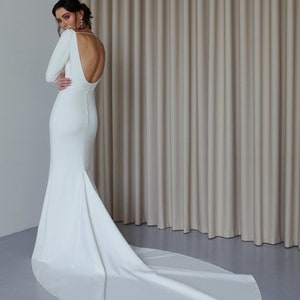 Classic mermaid crepe wedding dress Modern long sleeve wedding dress Open back Bateau boat neck wedding dress Minimalist gown fit flare GIA