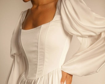 Vestido de novia de satén con escote cuadrado Vestido de novia de manga larga abullonada en forma de A Vestido de novia con escote cuadrado Vestido de novia moderno con cintura caída SELENE