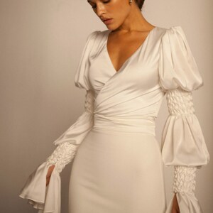 Bridal long sleeve satin top Modern separate V neck bridal top Minimalist bridal separates Two piece wedding dress Puff sleeve top BLAIRE