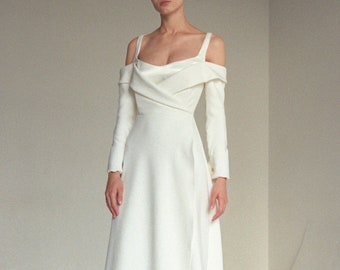 Square neck wedding dress Long sleeve off shoulder Minimalist crepe bridal gown Elegant A-line satin wedding dress with a train MADELEINE