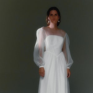 Pleated tulle wedding dress Long puff sleeve A-line wedding dress Minimalist basque waist wedding gown Sheer illusion neck bridal gown SLOAN
