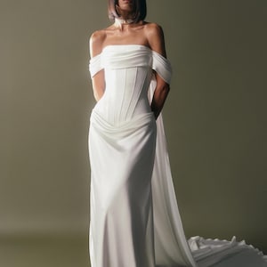 Off-shoulder corset satin wedding dress Drop waist strapless silk wedding dress Modern minimalist sheath bridal gown FRIDA