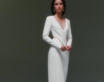 Long sleeve crepe wedding dress with cutouts Minimalist sheath deep V neck wedding dress with a slit Modern long train bridal gown SOLANGE