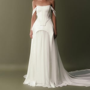A-line chiffon bridal skirt with satin details Long train bridal skirt Modern separate wedding skirt for bride SADE