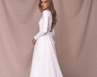 Long sleeve wedding dress Boho wedding dress Bohemian chiffon wedding dress open back lace sleeves long train Modest bridal gown - MEDEA