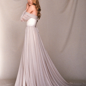 Beige off-the-shoulder wedding dress -  Long sleeve wedding dress - Chiffon bohemian wedding dress - Colored boho bridal gown - TERRA