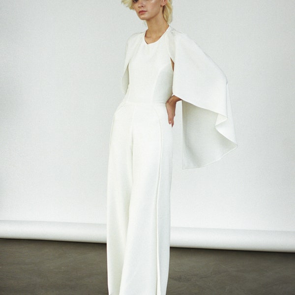 Modern bridal jumpsuit Minimalist off white  wedding pantsuit cape Bridal trousers jumpsuit Ivory Crepe bridal jumpsuit Prom jumpsuit SIENNA