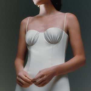 Seashell cup satin wedding dress Minimalist fit-flare wedding dress Spaghetti strap low back wedding dress Backless ivory bridal gown LILIAN