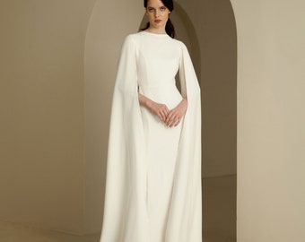 Cape Sleeve Wedding Dress Minimalist Crepe Wedding Dress Elongated