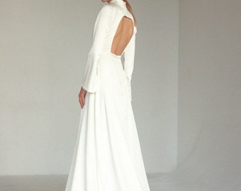 Satin wedding dress Boho open back satin wedding dress with a long flared sleeves and train Simple A line high mock neck ODETTE