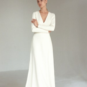 Long sleeve V neck wedding dress Modern minimalist crepe wedding dress Simple A line bridal gown with buttons and long train JOSEPHINE