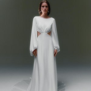 Long sleeve satin wedding dress with cutouts A-line boho wedding dress Modern bohemian wedding dress Minimal lace up back bridal gown ISOLDE