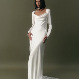 Long sleeve silk wedding dress Bias cut satin sheath wedding dress Cowl neck low back wedding dress Modern minimalist bridal gown ANDREA