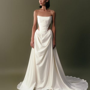 Basque waist strapless wedding dress A-line corset satin wedding dress Draped silk wedding dress Illusion mesh sides wedding dress PENELOPE