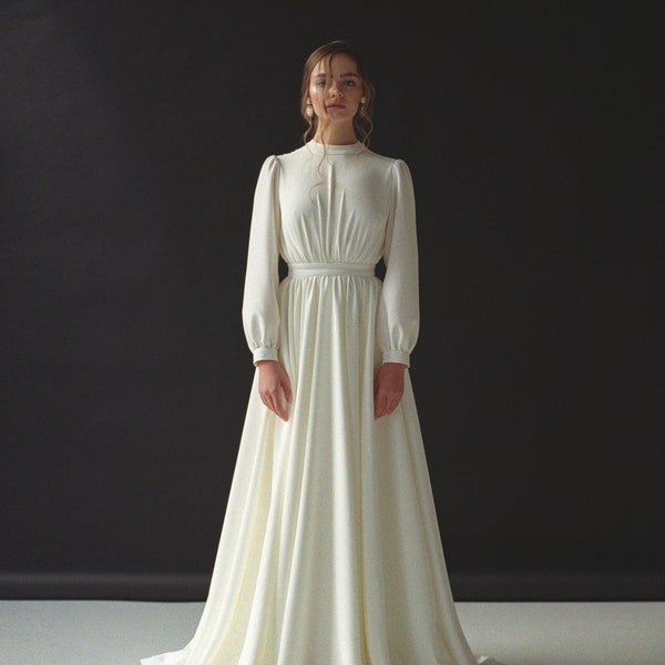 Long sleeve wedding dress Modest boho wedding dress Minimalist bridal gown Modern wedding dress for winter Crepe ivory wedding gown VESTA