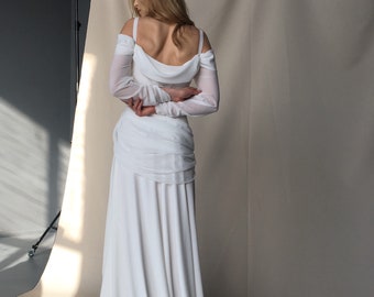 Off-shoulder wedding dress Boho chiffon beach wedding dress - Bohemian bridal gown with a slit and long train - VENUS