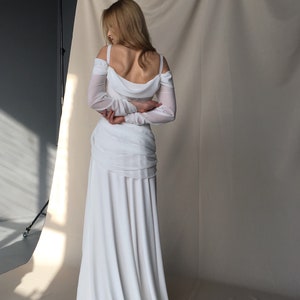 Off-shoulder wedding dress Boho chiffon beach wedding dress - Bohemian bridal gown with a slit and long train - VENUS