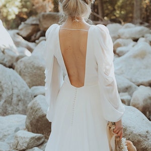 A line long sleeve wedding dress Chiffon plunging V neck wedding dress with open back, long train Minimalist backless wedding dress SOPHIE