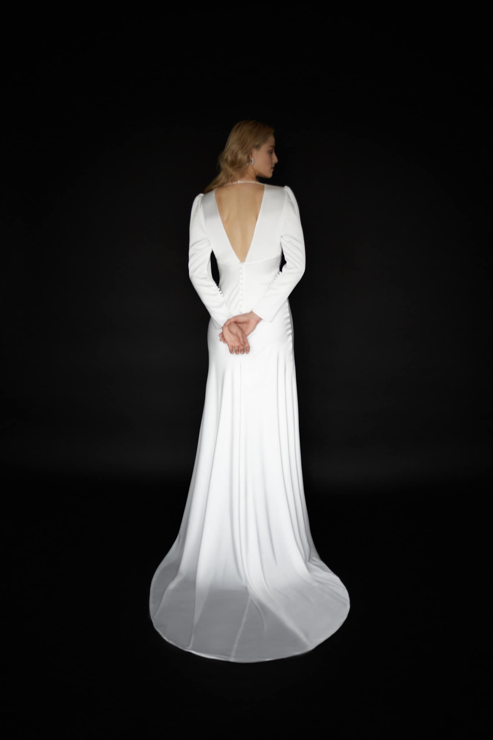 V-Neck Long Sleeves Sleek Satin A-Line Wedding Dress
