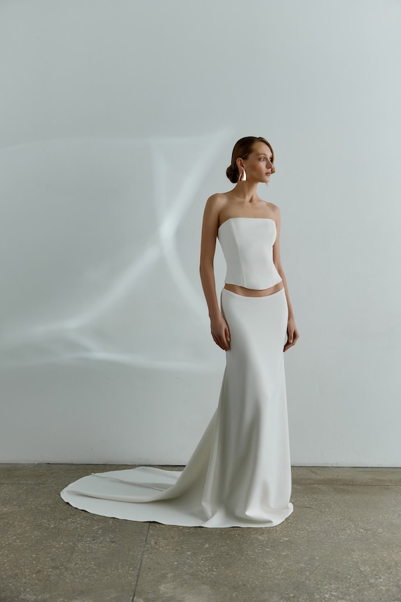 Minimalist Two-piece Wedding Dress Modern Crepe Bridal Separates Strapless Bridal  Corset Top Sheath Low Rise Crepe Wedding Skirt MIA & WREN 