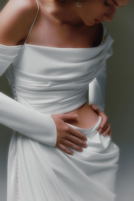 one shoulder drop waist wedding dress Isla - One-Shoulder Toga Wedding Dress with Detachable Bow