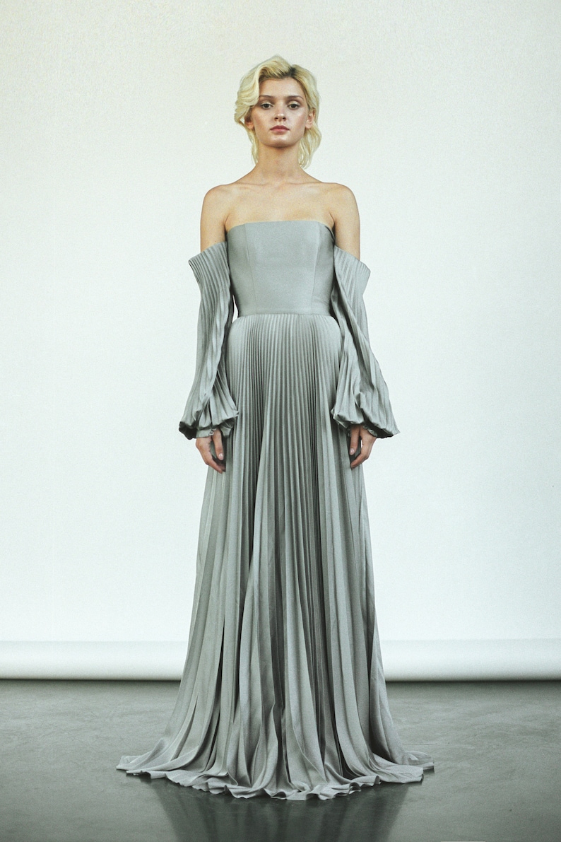 May include: A gray off-the-shoulder gown with long, pleated sleeves and a flowing skirt.