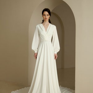 A Line Long Sleeve Wedding Dress Bishop Sleeves V Neck Wedding Dress ...