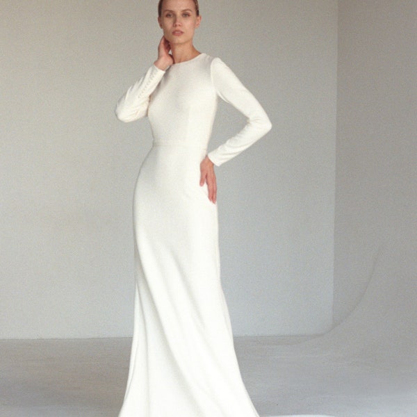 Long sleeve classic minimalist wedding dress Modest covered fit&flare crepe wedding dress Modern gown with train and buttons MONIQUE