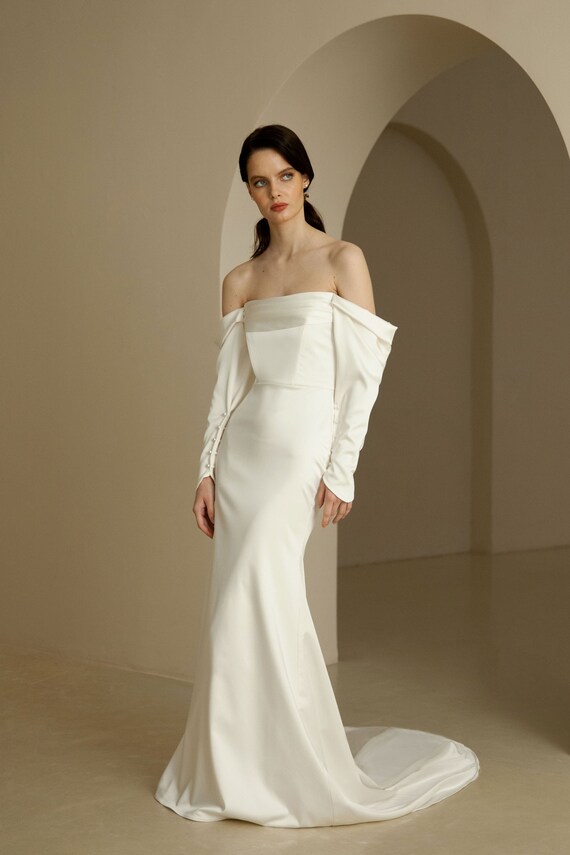 Off shoulder Satin Wedding Dress Fit and Flare Long Sleeve Wedding