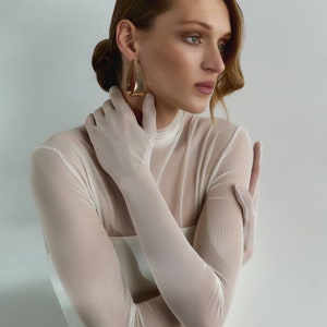 Bridal glove sleeve turtleneck top Stretch tulle mockneck top Bridal separates Mesh wedding top with gloves PEARL image 3