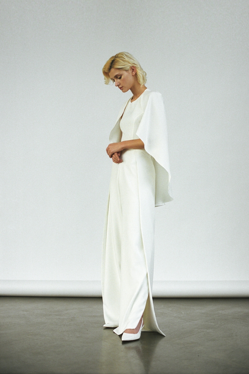 Modern bridal jumpsuit Minimalist off white wedding pantsuit cape Bridal trousers jumpsuit Ivory Crepe bridal jumpsuit Prom jumpsuit SIENNA image 10