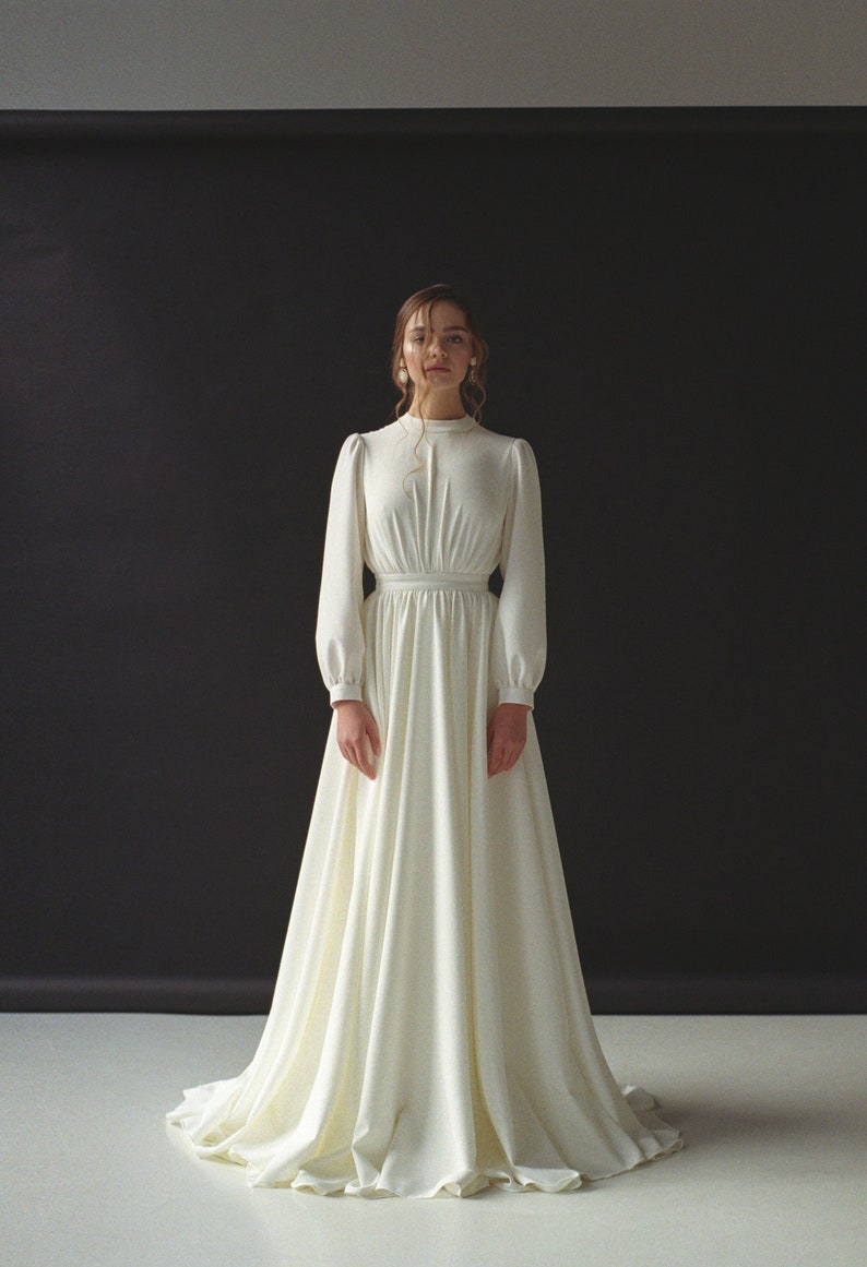 Long sleeve wedding dress Modest boho wedding dress Minimalist bridal gown Modern wedding dress for winter Crepe ivory wedding gown VESTA image 1