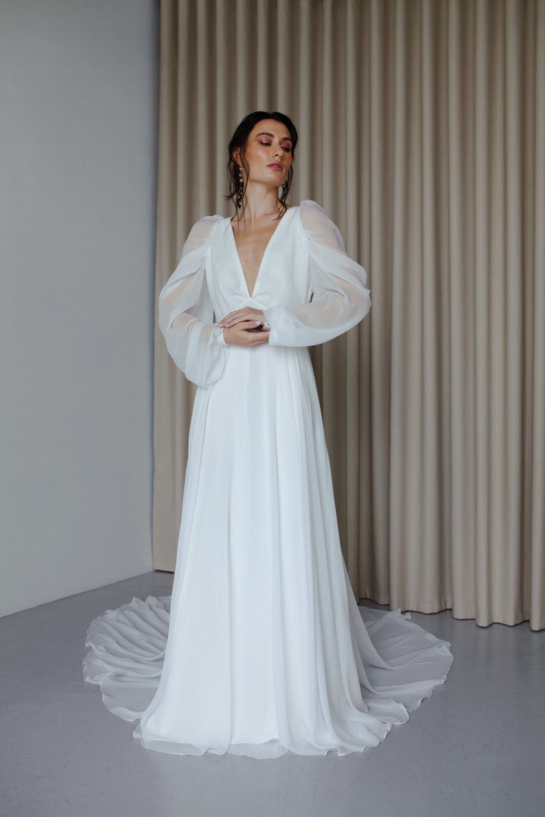 Open back long sleeve V neck wedding dress Modern chiffon wedding dress Simple Boho A line wedding dress Beach summer wedding dress SOPHIE image 2