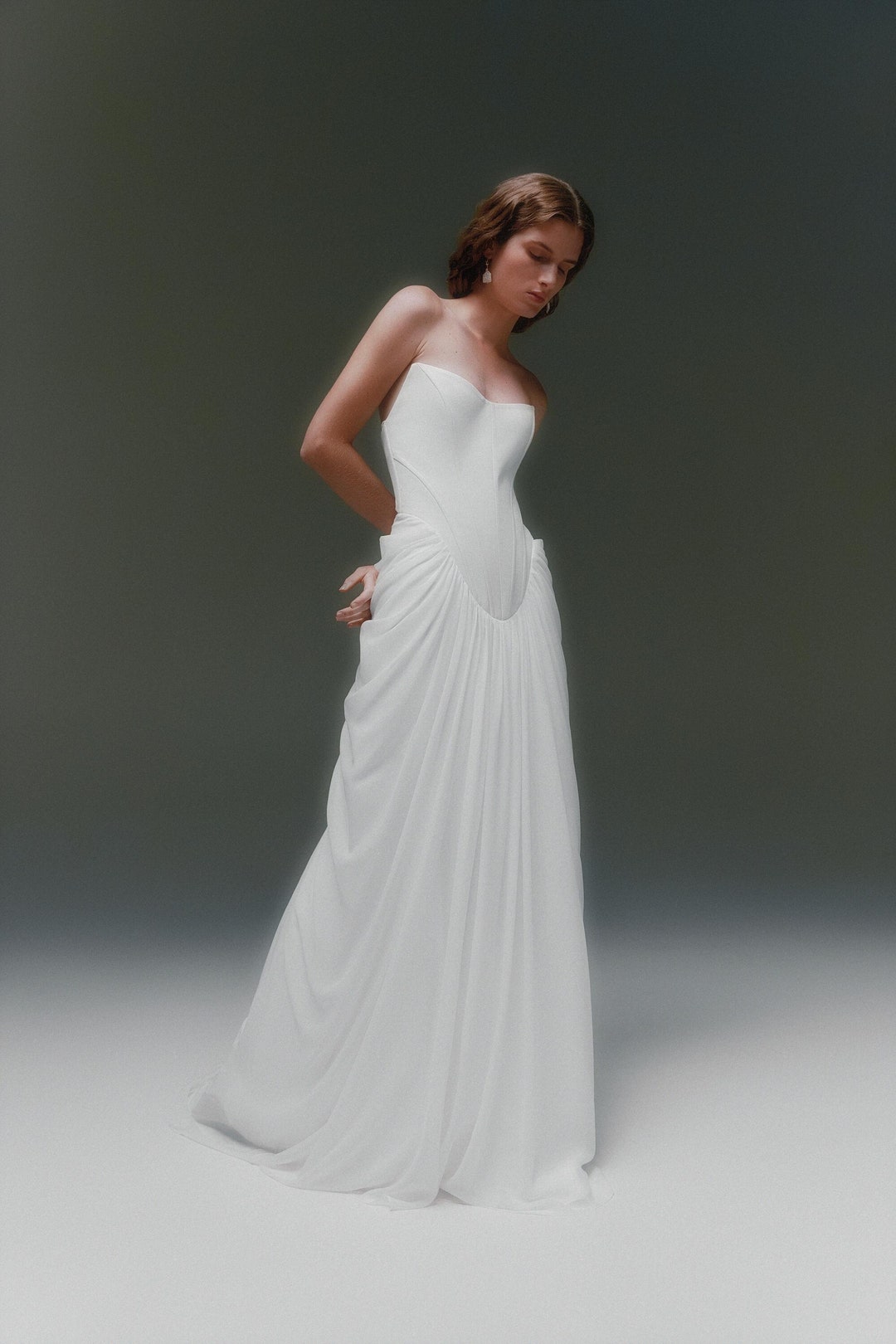 Strapless Corset Wedding Dress Minimalist Sheath Drop Waist Draped ...