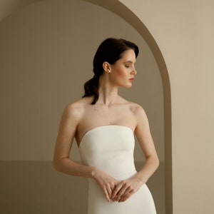 Minimalist strapless wedding dress with buttons down the back Modern crepe wedding dress Button back bridal gown Simple fit & flare gown EVE image 2