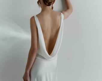 Satin Cowl neck wedding dress Minimalist slip wedding dress Bias cut sheath wedding dress Cowl back bridal gown Beach wedding dress JOAN