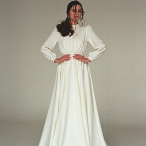 Long sleeve wedding dress Modest boho wedding dress Minimalist bridal gown Modern wedding dress for winter Crepe ivory wedding gown VESTA image 10