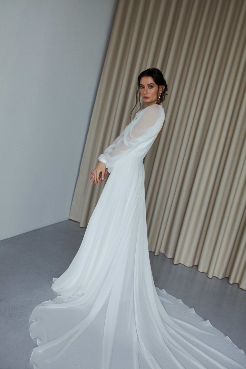 Open back long sleeve V neck wedding dress Modern chiffon wedding dress Simple Boho A line wedding dress Beach summer wedding dress SOPHIE image 4