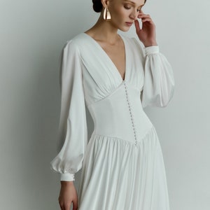 Long sleeve satin wedding dress V-neck vintage inspired wedding dress A-line drop waist wedding dress Minimalist bishop sleeve dress ELLERY
