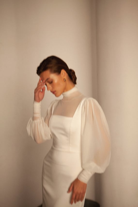 Bridal Tulle Top Sheer Long Sleeve Top for Square Neck Wedding