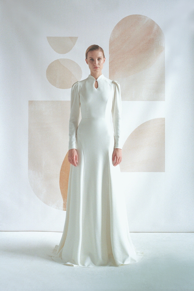 Long sleeve wedding dress key hole back puff sleeve Modest | Etsy