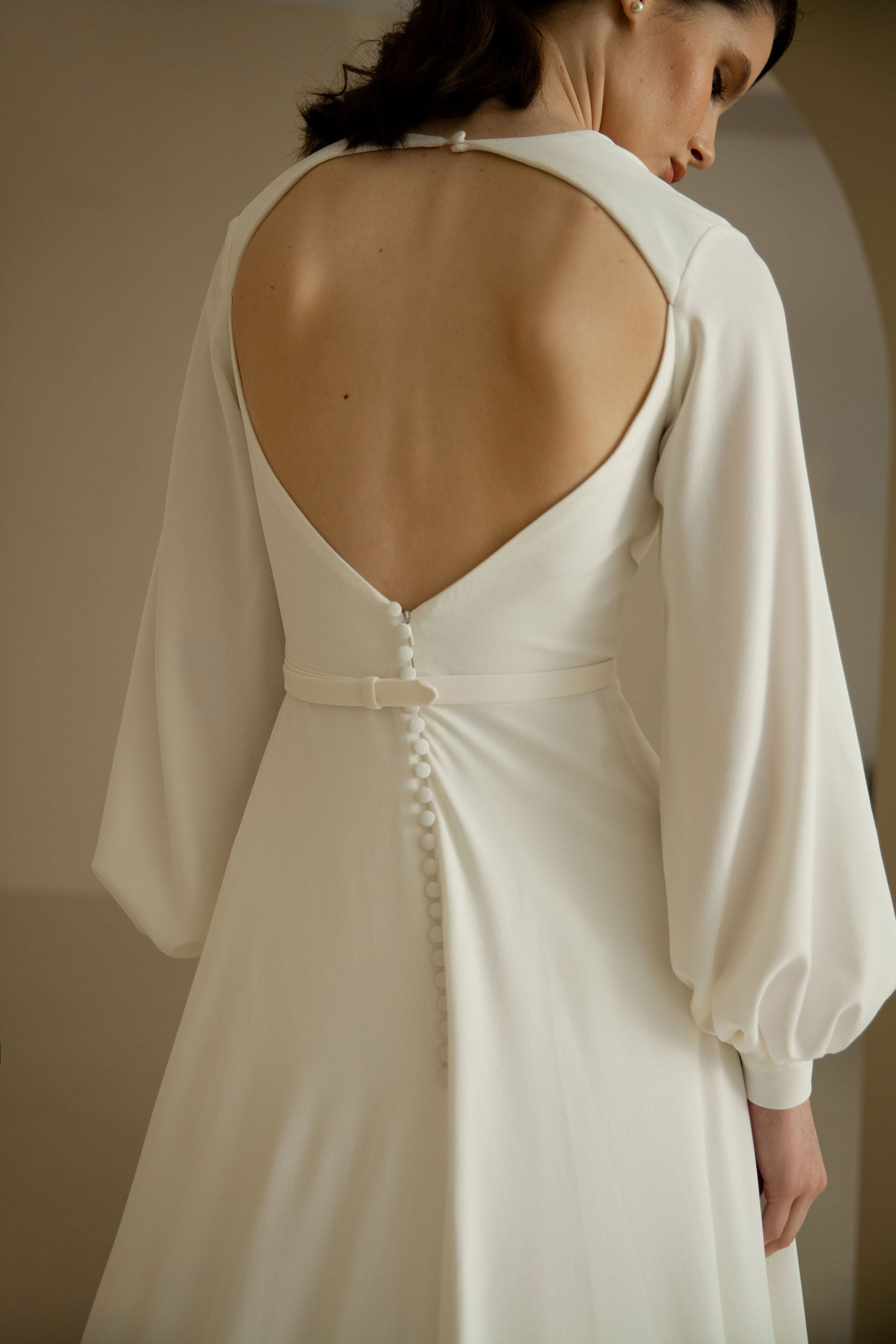 A Line Long Sleeve Wedding Dress Bishop Sleeves V Neck Wedding