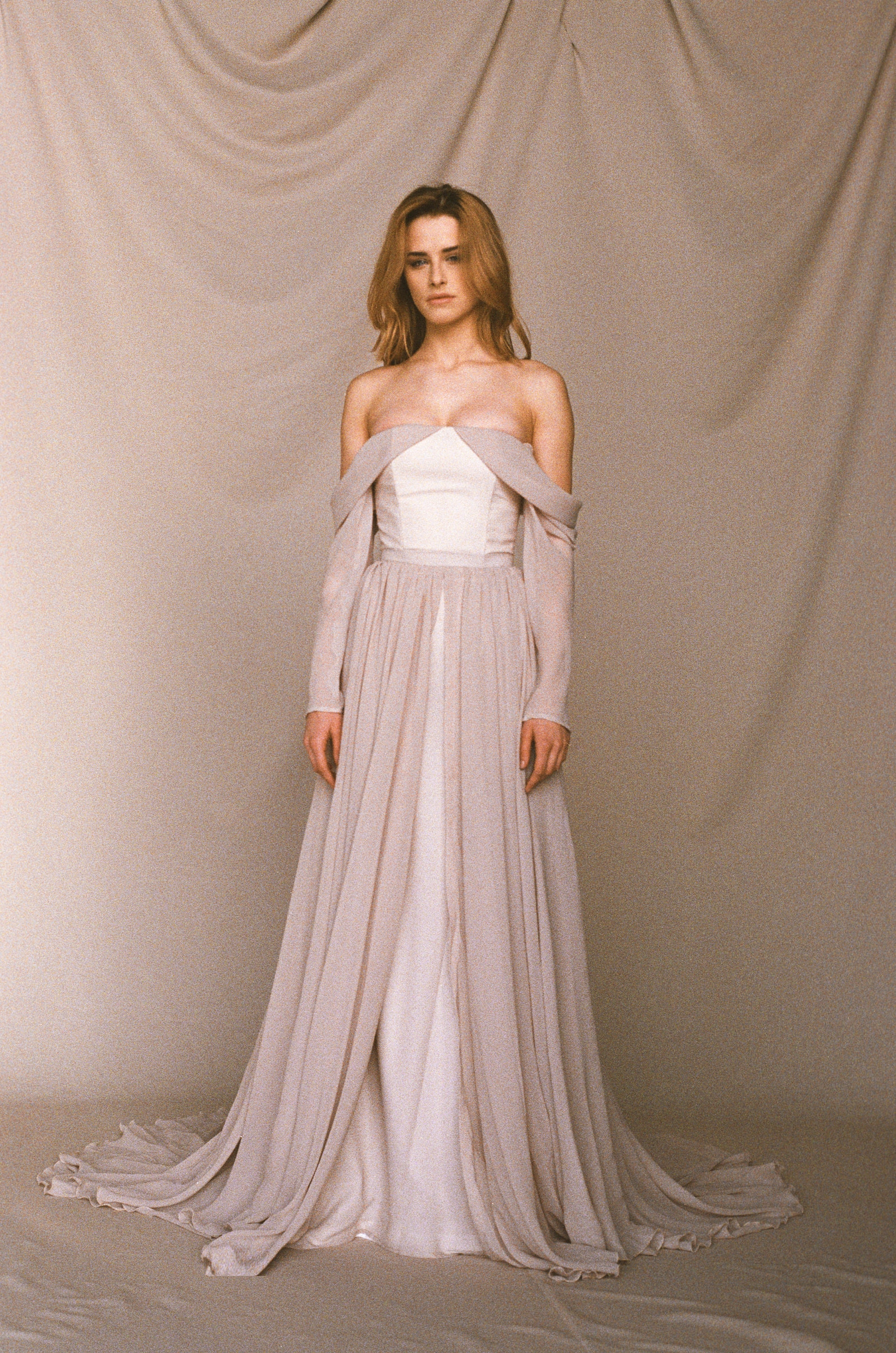 Beige Off-the-shoulder Wedding Dress Long Sleeve Wedding | Etsy