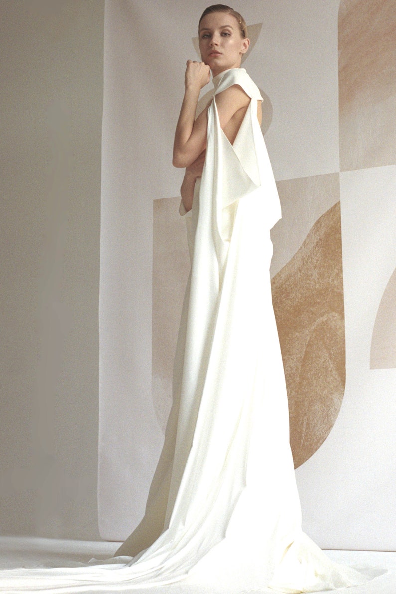 Bridal satin cape Minimalist cape for bride Wedding draped cover up in silk and crepe CLEMENTINE image 5
