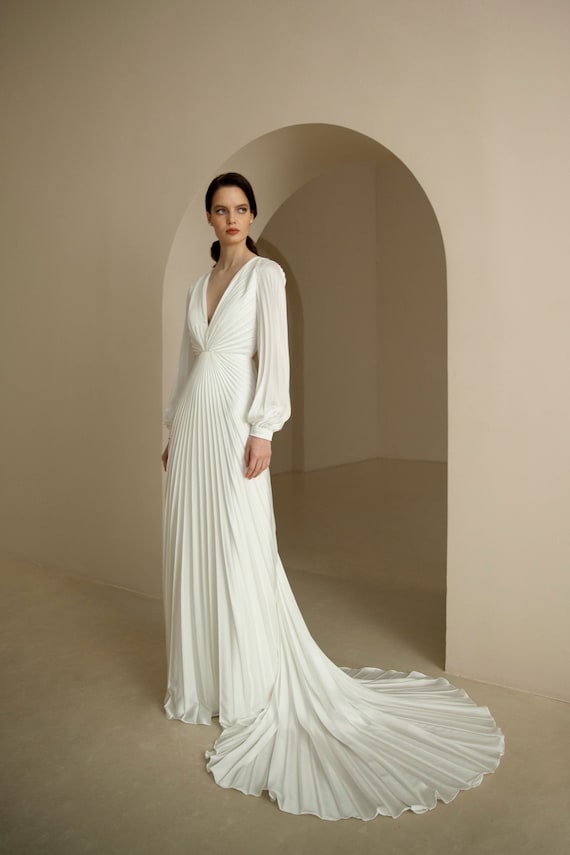 Pleated Long Sleeve Wedding Dress Minimalist Satin Wedding Etsy