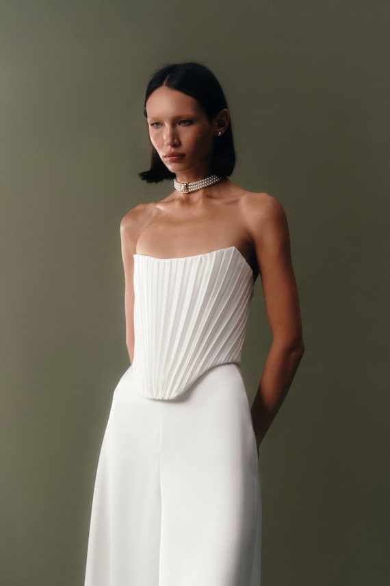Pleated bridal bustier Basque waist satin bridal corset Modern satin wedding corset Minimalist separate bridal top CALYPSO Pleated bridal bustier Basque waist satin bridal corset Modern satin wedding corset Minimalist separate bridal top CALYPSO