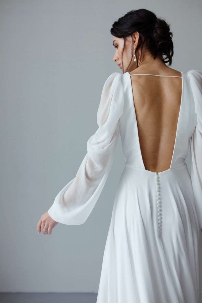 Open back long sleeve V neck wedding dress Modern chiffon wedding dress Simple Boho A line wedding dress Beach summer wedding dress SOPHIE image 3