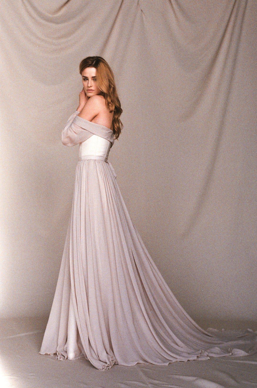 Beige Off-the-shoulder Wedding Dress - Long Sleeve Wedding